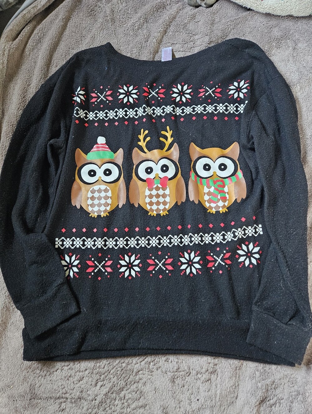 Black Fuzzy Christmas Owl Ugly Christmas Sweater | Size Small